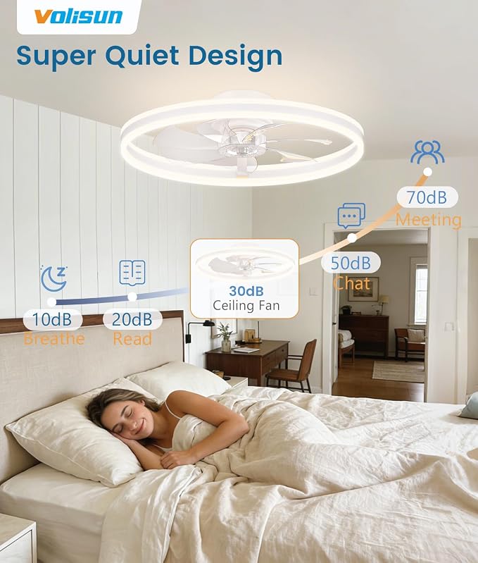 VOLISUN Low Profile Ceiling Fans with Lights and Remote, 24in Flush Mount Ceiling Fans with Light, 3000K-6500K Dimmable Fandelier LED Fan Light, White Bladeless Ceiling Fans with Lights for Bedroom