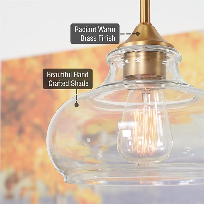 Kira Home Harlow 9" Modern Schoolhouse Pendant Light for Ktichen Island | Clear Glass Shade, Industrial Farmhouse Hanging Fixture, Premium Warm Brass Finish