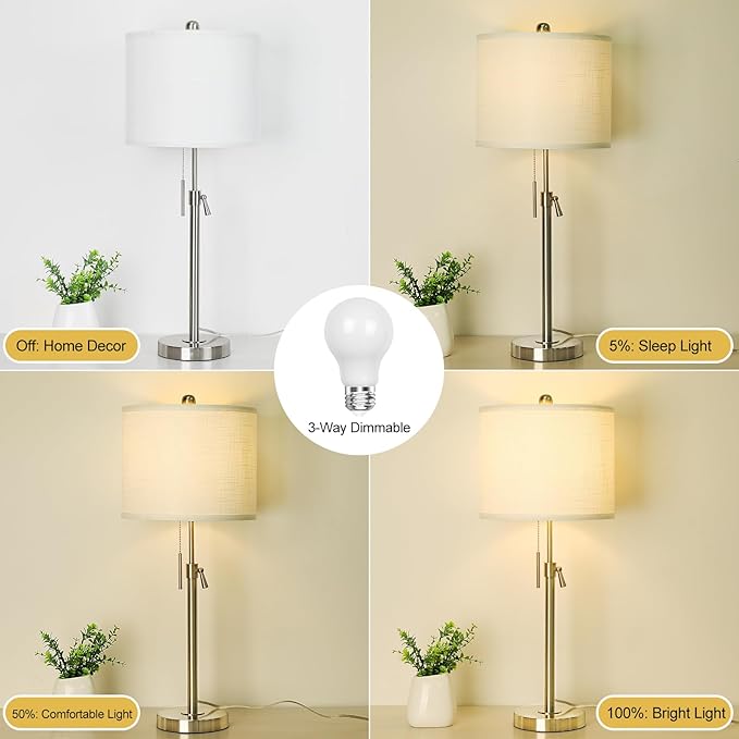 Table Lamps for Bedrooms Set of 2, 22" to 30" Height Adjustable Nightstand Lamps with Linen Shade, Pull Chain Switch Lamps for Living Room, 3 Way Dimmable Bedside Lamp