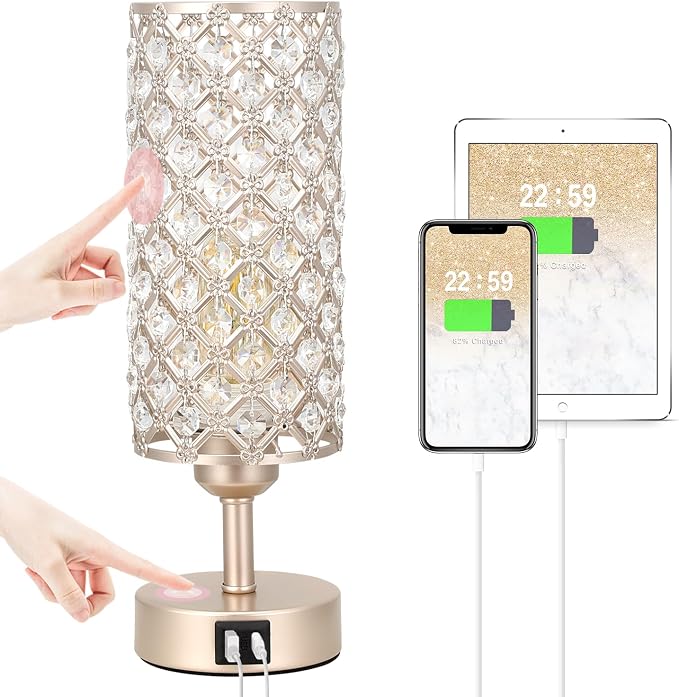 Crystal Table Lamp with USB C+A Ports, 3 Way Dimmable Touch Lamp with Crystal Shade, Champagne Gold Bedside Nightstand Small Lamp for Living Room Bedroom Home Office