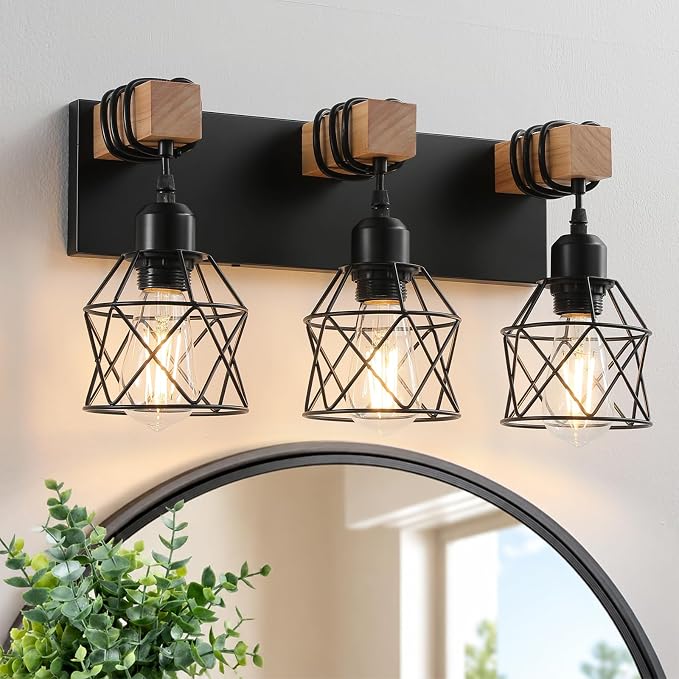 Farmhouse Vanity Light Fixture,3-Light Bathroom Lighting,Black Industrial Wood Wall Light Over Mirror with Metal Shade,Bulbs NOT Included