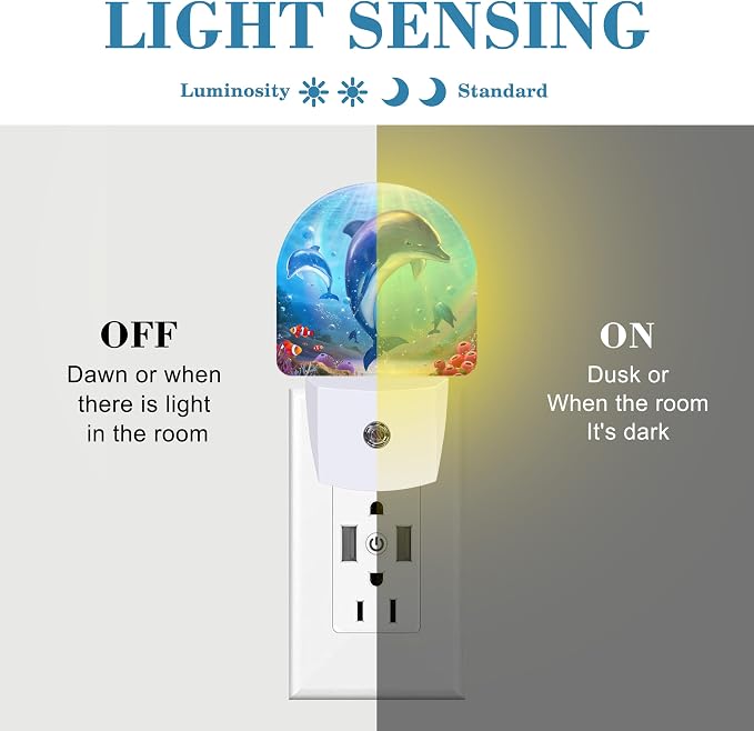 Night Light for Kids Girls Boys, Cute Dolphins in Tropical Sea LED Night Light Plug into Wall with Dusk to Dawn Sensor for Room Decor, Hallway, Kitchen, Bathroom, Nursery, Stairs