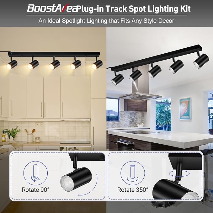 Plug in Track Lighting, LED Track Light Kit, Black 5-Light Track Lights for Kitchen, 15 FT Cord,30" Large Ceiling Spotlight, Rotatable Wall Mount Light Head for Bedroom Hallway Living Room