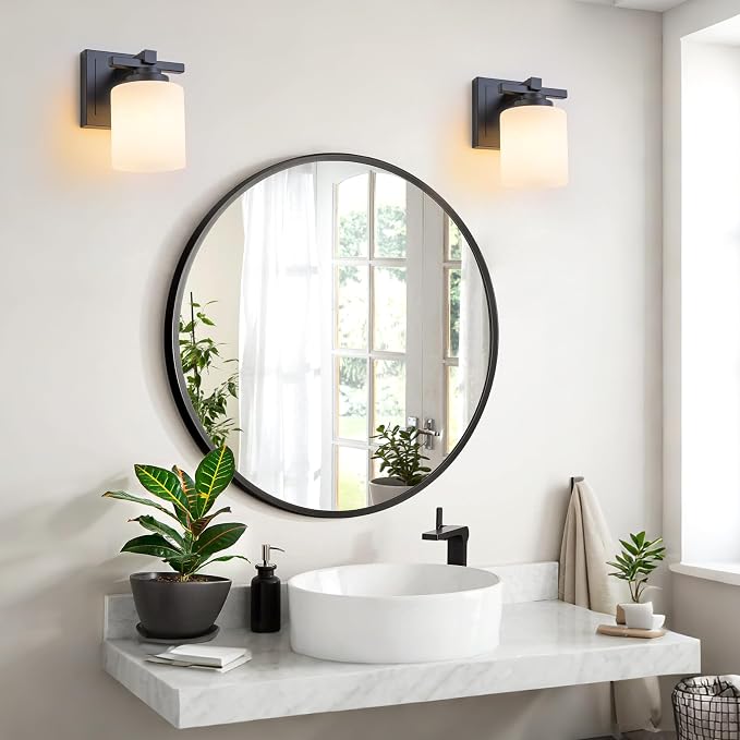 Modern Bathroom Light Fixtures Over Mirror, Vanity Lights for Bathroom Wall Sconces with Milky White Glass Shades, E26 Socket (Bulbs Not Included), 1 Light, Black