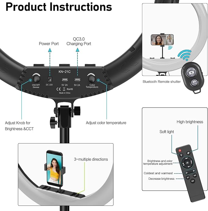 Hagibis 21 inch Ring Light with Stand Outer 55W 5600k Dimmable LED Light, Tripod Stand,and Phone Holder，Remote Controller,Carrying Bag ，CRI 97+ 2540lux, for Streaming Home Office Zoom Call Lighting