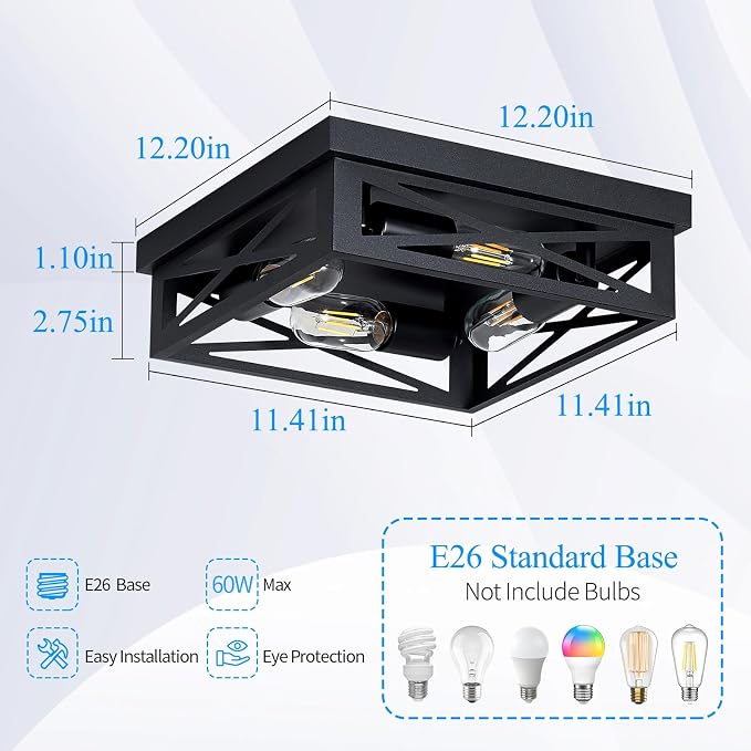 SKEJAO Black Flush Mount Ceiling Light Fixture,4-Light Square Hallway Light Fixtures Ceiling,Light Fixtures Ceiling Mount for Farmhouse,Kitchen,Hall,Bedroom (2 Pack)