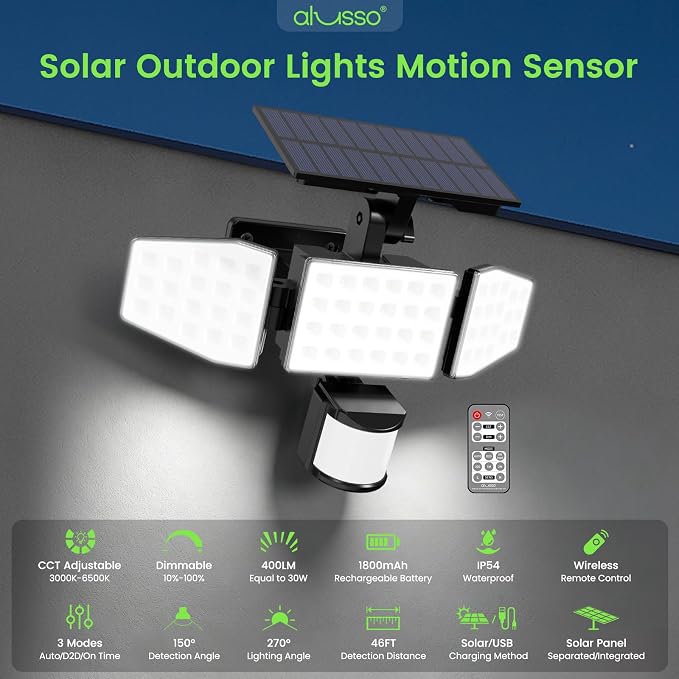 ALUSSO Solar Lights Outdoor Motion Sensor, 400LM LED Security Lights w/Remote, Dusk to Dawn/Auto/On Time Modes, CCT Adjustable 3000K-6500K, Dimmable IP54 Flood Wall Light for Garden Yard(2 Pack)