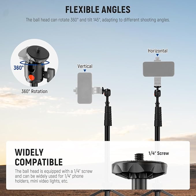 NEEWER Photography Light Stand 1.8-6.6ft/56-200cm with Ball Head 1/4" Screw, Max Load 8.8lb/4kg Aluminum Portable Studio Lighting Tripod, Phone Video Stand for Strobe Light Softbox DSLR Camera, ST200B