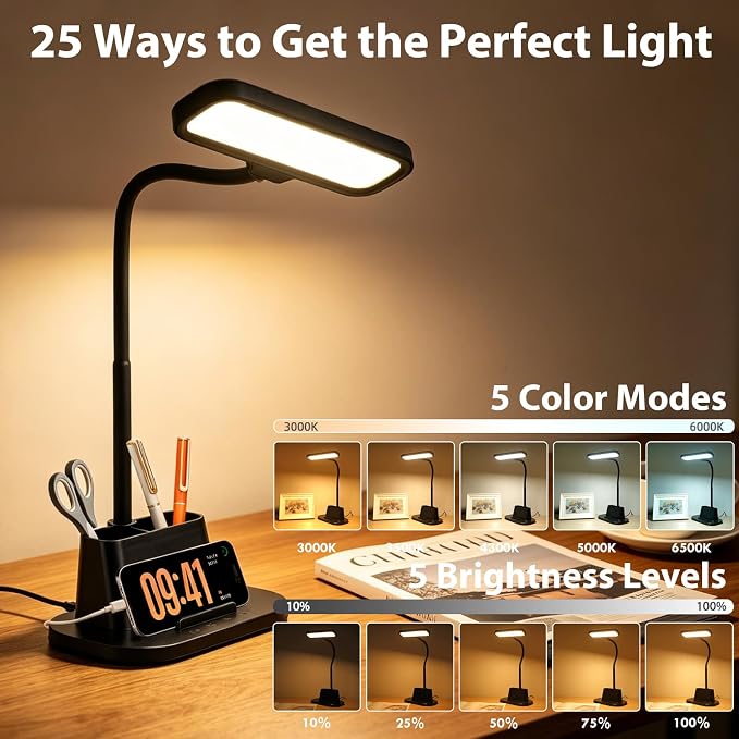 LED Desk Lamp for Dorm Small Desk Lamp with Pen Holder 5 Color Modes Black | Dimmable Touch Control, USB Charging Port, Eye-Caring Reading Light for Home Office Table Study College Room Students