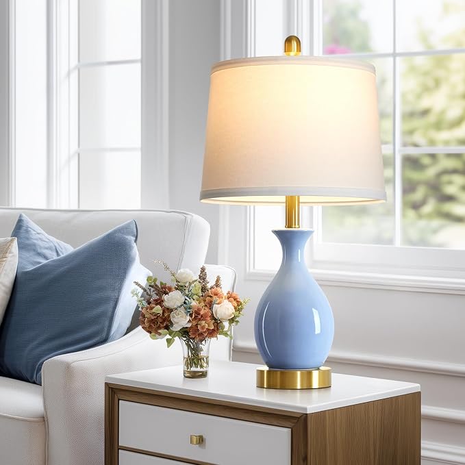 24″ Light Blue Ceramic Table Lamp for Living Room, Modern Classic Bedside Lamp for Nightstand, Small Table Lamp for Bedroom End Table (1 Pack)
