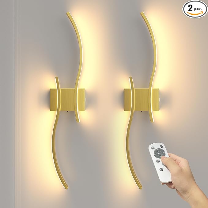 NIORSUN 27.6 Inch Battery Operated Wall Sconce Set of 2, Gold Modern Rechargeable Wall Lights with Remote, 3CCT Dimmable Wireless Wall Lamp for Living Room Bedroom Hallway