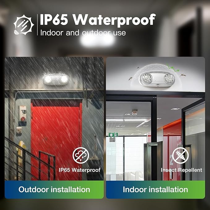 FREELICHT 6 Pack Wet Location Emergency Light for Business, IP65 Waterproof Emergency Lighting with Battery Backup, Two Heads Adjustable LED Emergency Lighting, UL 924 Certified