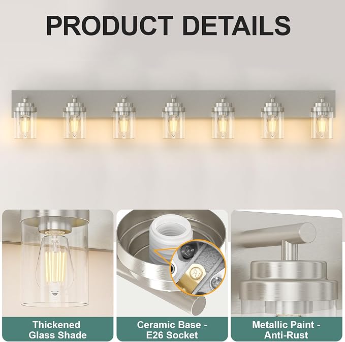 IZORRO Bathroom Vanity Light Fixture, 7-Light 52 inch Brushed Nickel Bathroom Light Fixtures Over Mirror, with Clear Glass Shade, Modern Farmhouse Vanity Lights, Rustic Restroom Lighting Fixtures