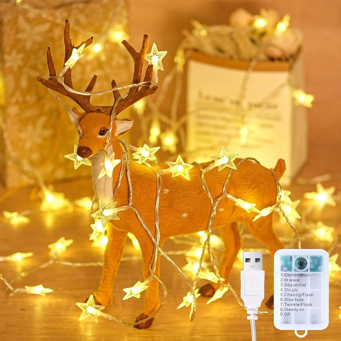 33Ft 80LED Star String Lights Battery and USB Operated, Warm White Star Fairy String Lights,Waterproof for Home Indoor Bedroom Wedding Room Dorm Wall Window Tent LoftBed Patio Party Decor