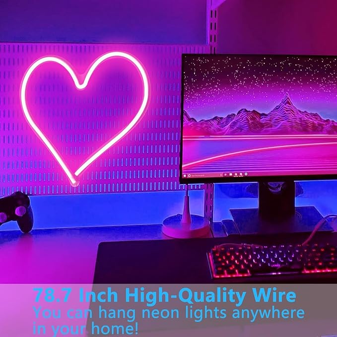 Pink Heart Neon Sign, Neon Heart Light for Wall Decor, Love Hearts LED Light up Sign 13.4×13 Inch Dimmable USB Powered Romantic Light Sign for Bedroom Valentine's Kids Room Wedding Party Decoration