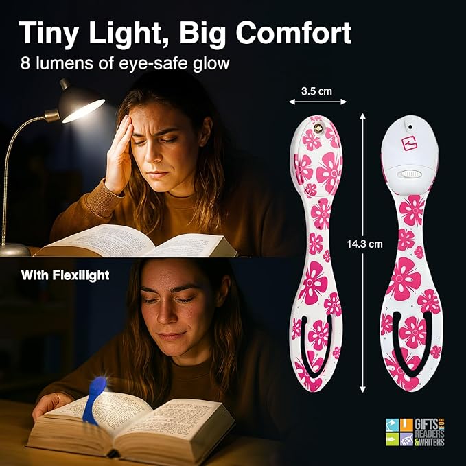 Gifts for Readers & Writers Book Light, Clip On Reading Light for Bed, 2in1 Flexilight & Bookmark, Small & Lightweight with a Soft Glow, 2 Batteries Included, Pink Flowers