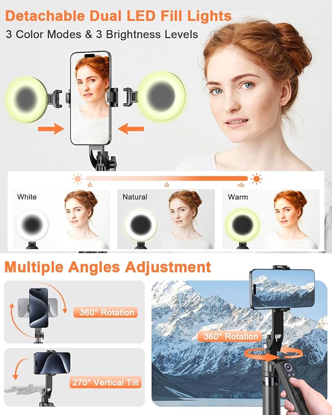 Yeaki 71” Auto Face Tracking Tripod for iPhone with Light,360° Rotating Phone Stand with Rechargeable Remote Control for TikTok Vlog Video Recording, Phone Tripod for Android Camera/GoPro/Ring Light