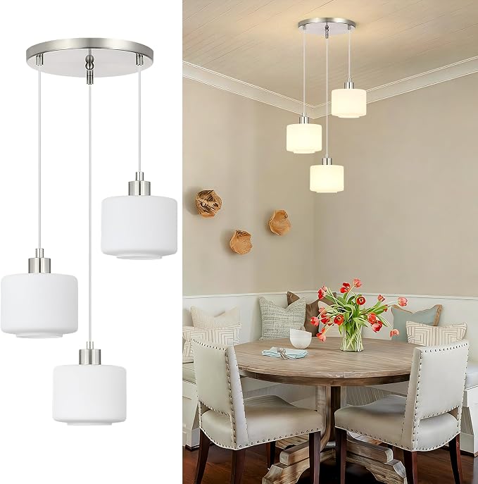 Brushed Nickel Dining Room Chandelier Light Fixture, 3-Light Pendant Lighting with Milk Glass, Modern Kitchen Island Cluster Hanging Pendant Lights for Kitchen Dining Room, OS-YQ8153-3BNW