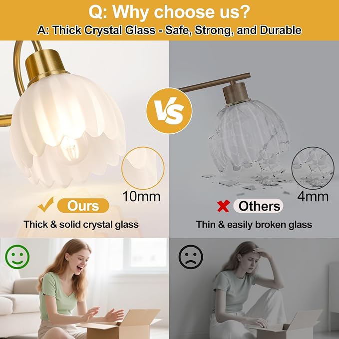 2-Light Bathroom Vanity Light, Brushed Gold Bathroom Light Fixtures with Ribbed Frosted Clear Tulip Glass Shades, Vanity Light Fixtures Over Mirror for Bedroom, Living Room, Hallway
