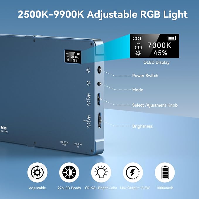 ENEGON 10000mAh RGB LED Video Light - 276 LED Beads with OLED Display, 18.5W Max, 2500–9900K CCT, CRI 96+, 21 Scene Modes - for Photography, YouTube, TikTok & Video Conferences
