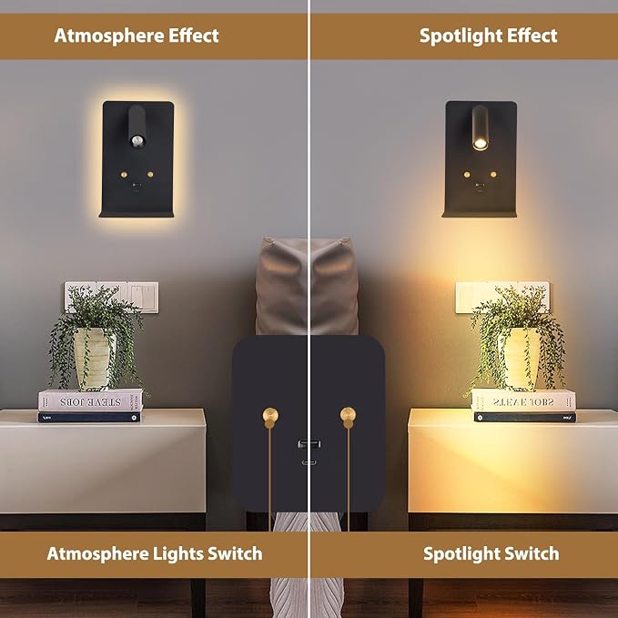 ZEROUNO Modern Wall Mounted Reading Lights Plug in, Black Headboard Reading Lamp Corded Mount Wall Sconce with Shelf, LED Touch Dimmable Bedroom Lamp with USB A+C Charging Port for Bed Bedside