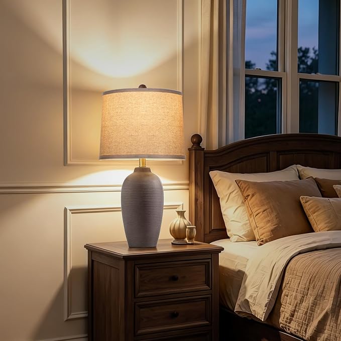 AIEAMPDO 25" Farmhouse Ceramic Table Lamp for Bedroom Living Room | Rustic Bedside Lamp with Linen Shade and Traditional Rotary Switch, Neutral Nightstand Lamp for Office, Bulb Included