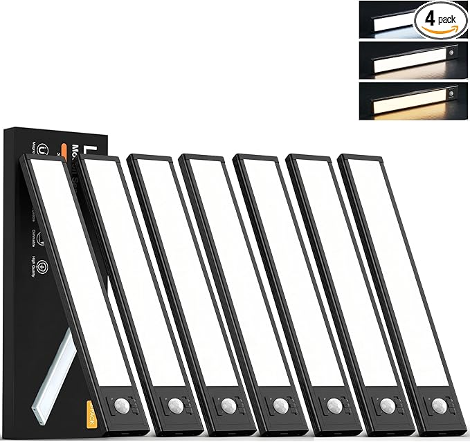 6Pack Under Cabinet Lighting Rechargeable -10" Ultra-Thin Black 3 Color Temps Super Bright, Motion Sensor, Long Lasting - Easy Installation Magnetic Under Closet Lights