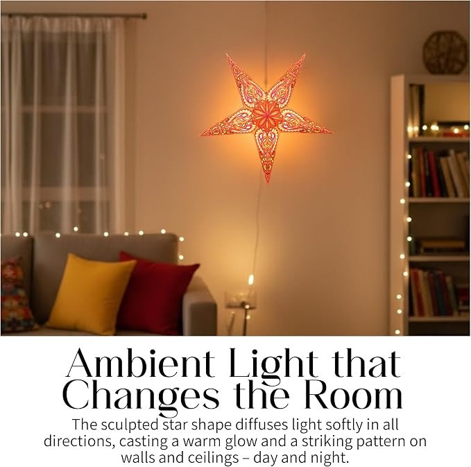 Paper Starlight 24 Inch - Handcrafted Hanging Star Lantern with 100% Recycled Paper - Large Star Lamp with 12-Foot UL Approved Light Cord Included - Fair Trade Artisan Decor - Lion | Handcrafted Hanging Star Lantern, 100% Recycled Material with12-Foot ...