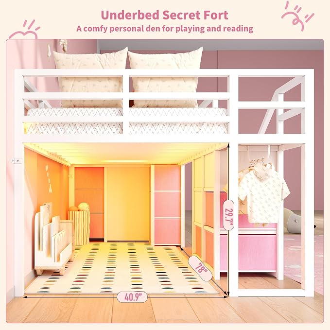 Twin Loft Bed with Desk, RGB Lights & Under Bed Play Fort, White Pink | 11 Storage Drawers, Clothes Rack, Pockets, Wide Step Stairs, 11.8''H Safety Guardrail, Built-in Charging Station