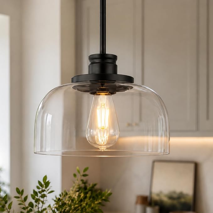 Emak Modern Pendant Lights Kitchen Island, Black Pendant Light with 10 Inch Clear Glass Shade, Farmhouse Hanging Light Fixture for Kitchen Island, Dining Room, Bathroom, Bar, PL131-BK-CG
