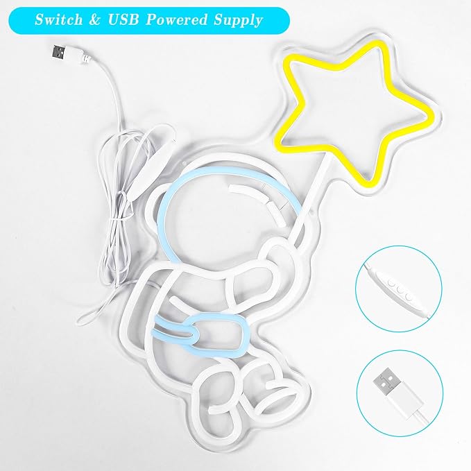 Astronaut Star Neon Sign Spaceman LED Neon Light for Wall Decor Dimmable Astronaut Holding Stars Signs Lights Space Decor for Boys Christmas Gift, Kids, Game Room, Man Cave
