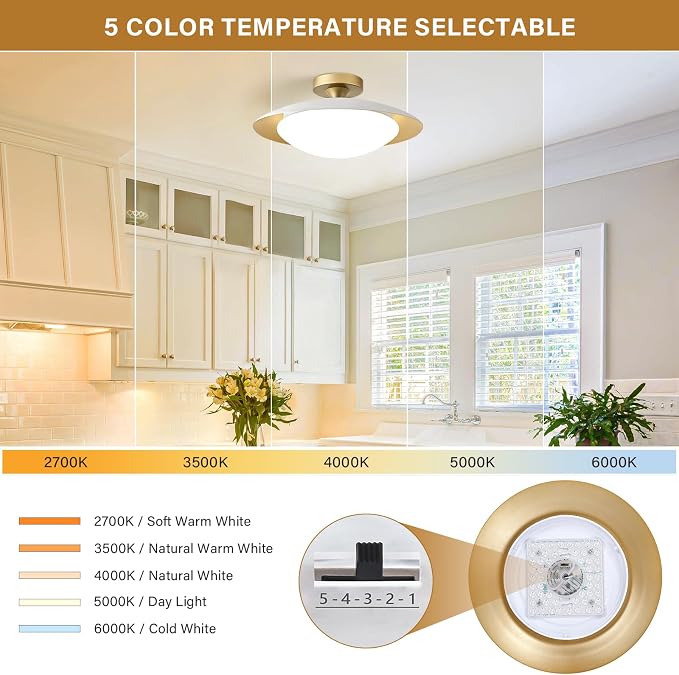 Dimmable Modern Mid-Century LED Ceiling Light, White and Gold, 15.7 Inch | Semi Flush Mount Ceiling Light, 5CCT 2700K-6000K Lighting Fixtures with Glass Shade for Bedroom Kitchen Living Room
