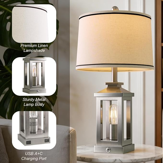 24" Table Lamps for Living Room Bedroom Modern Metal Bedside Lamps Set of 2 Nightstand Lamp for Night Stands 3 Way Dimmable Touch Lamp with USB C+A Ports and 2 Light Sources, 4 Bulbs Includes