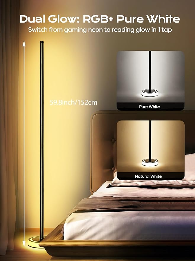 Smart Corner Floor Lamp, RGBICW LED Standing Lamp with App Control, 16 Million Colors with Music Sync, Dimmable Ambient Light for Bedroom, Living Room, Home Decor (Gray)