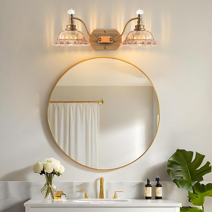 Vintage Bathroom Light Fixtures, 2 Light Brass Vanity Lights with Champagne Crystal Glass Flower Shade, Retro Wall Sconce for Bedroom, Living Room, Hallway