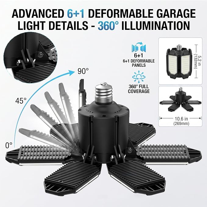 150W LED Garage Lights, 15000LM Super Bright Light Bulb for Garage Ceiling Lights, 6 Deformable Panels LED Shop Lights, E26/E27 Screw in Garage Lighting for Basement Workshop Barn