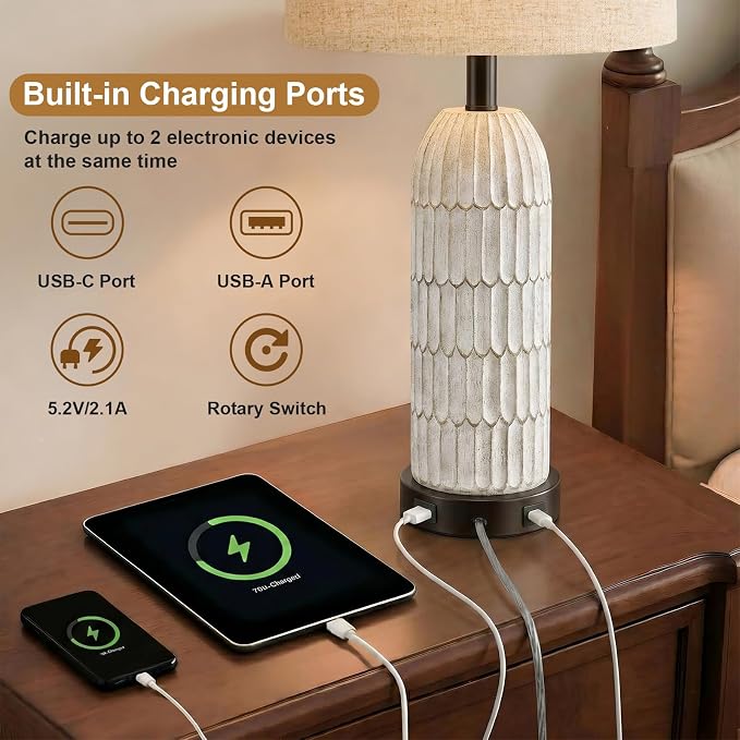 26.5" Bedside Table Lamps Set of 2, Farmhouse Table Lamp with USB A+C Charging Ports,Vintage Nightstand Lamp for Bedrooms and Living Rooms, Retro Resin End Table Lamp with Linen Shade,Black