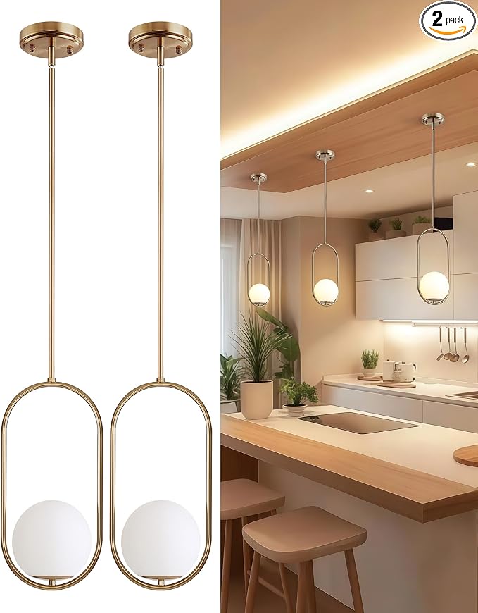 Majade Pendant Lights Kitchen Island, Mid Century Modern Pendant Light Fixtures, 2 Pack Champagne Bronze Globe Glass Pendant Lighting, Brass Chandelier Adjustable Hanging Light for Kitchen Island