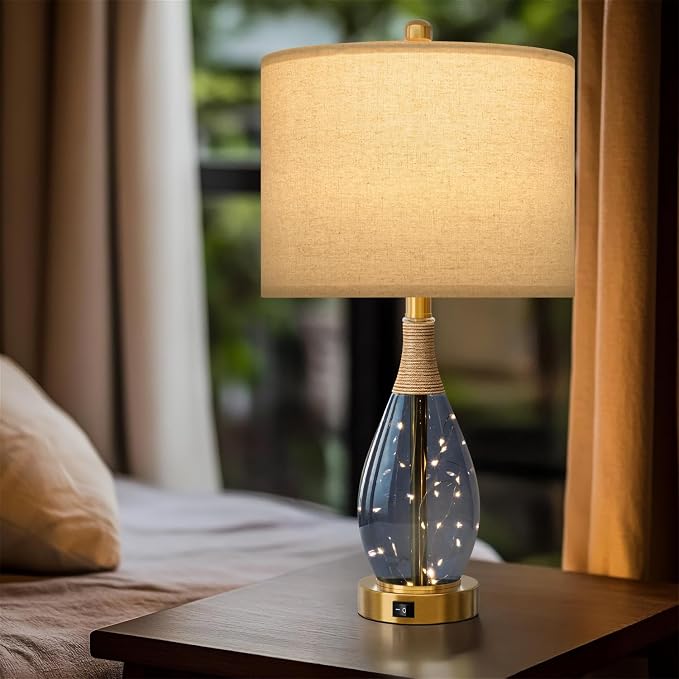 23" Table Lamps for Living Room Set of 2 Bedside Lamps for Night Stands Bedroom Lamps Farmhouse Rattan Boho Lamp Glass Nightlight End Table Lamp with USB C+A (Blue),Two Light Points