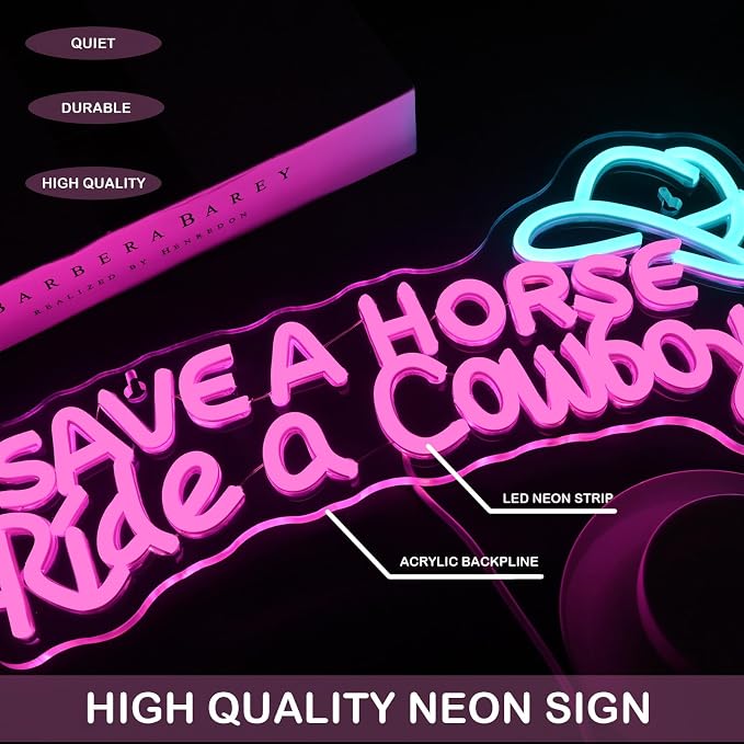 Save A Horse Ride A Cowboy Neon Sign LED Light Western Bar Decor | Funny Cowboy Light Up Sign for Home Bar, Man Cave, Country Room & Parties, USB Powered LED Neon Light, Adjustable Brightness