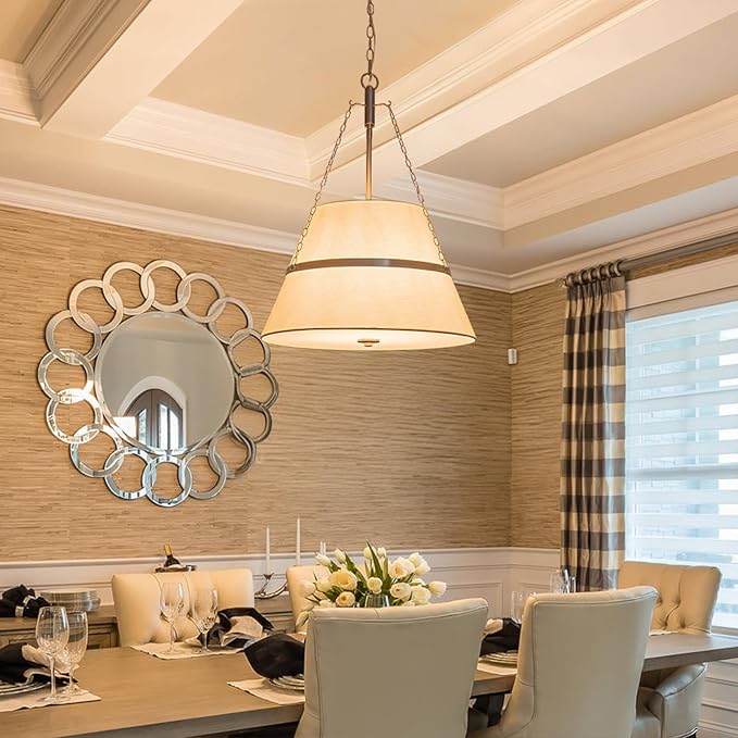 20" Brushed Nickel Drum Chandelier for Dining Room Linen Pendant Light | Modern Transitional, Large Fabric Drum Design, 4-Light, 3 Side Chains, for Kitchen Island,Adjustable Height,19.69"W × 26.38"H