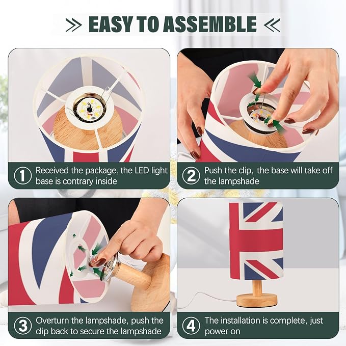 Table Lamp British Flag England London Union Jack Nightstand Lamp with Wood Base Fabric Lamp Shade Bedside Desk Lamp for Living Room Bedroom Kids Room Office