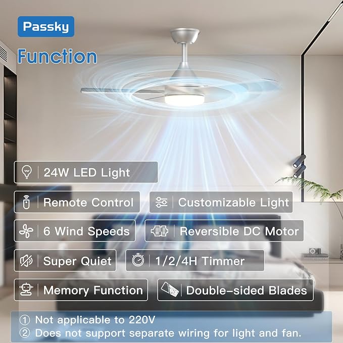 Passky 42 Inch Silver Sleek Ceiling Fans with Lights, Remote Control | 3-color dimmable light, quiet reversible DC motor, easy install, memory, Timer, bedroom, covered outdoor areas