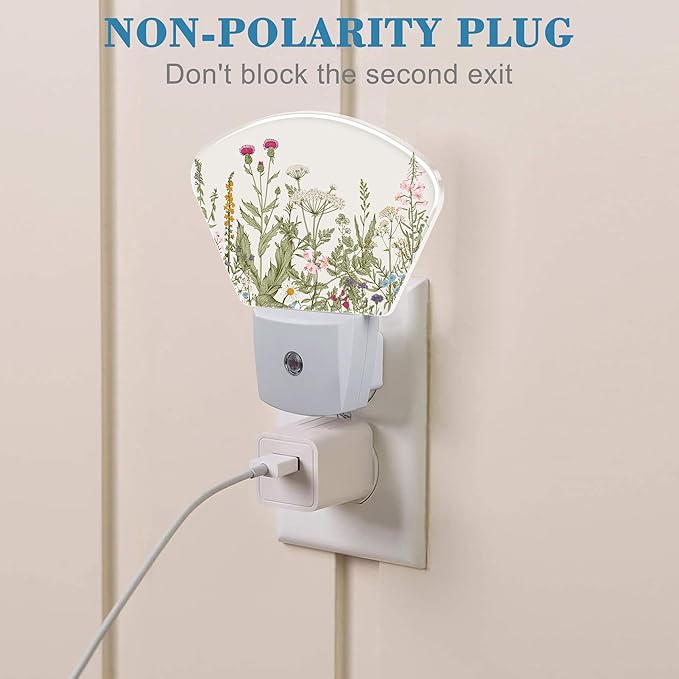 Vintage Wildflowers Plug in Night Lights, Colorful Herbs Nightlight Plug Into Wall Dusk to Dawn Sensor for Kid Girls Boys Women Men Bedroom, Hallway, Kitchen, Bathroom, Stairs Decor
