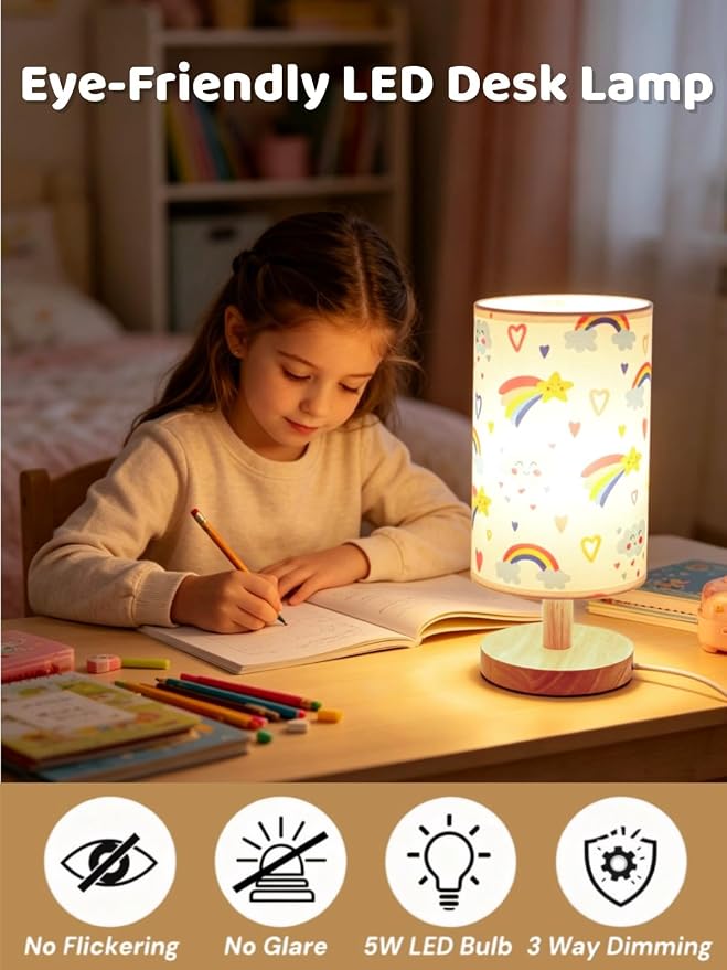 Rainbow Lamp for Girls Bedroom Bedside Table Lamps 3 Color Modes Kids Nightstand Night Light Lamp, Flaxen Fabric Shade Reading Desk Lamp for Nursery Living Room Office Rainbow Decor Gifts for Girls