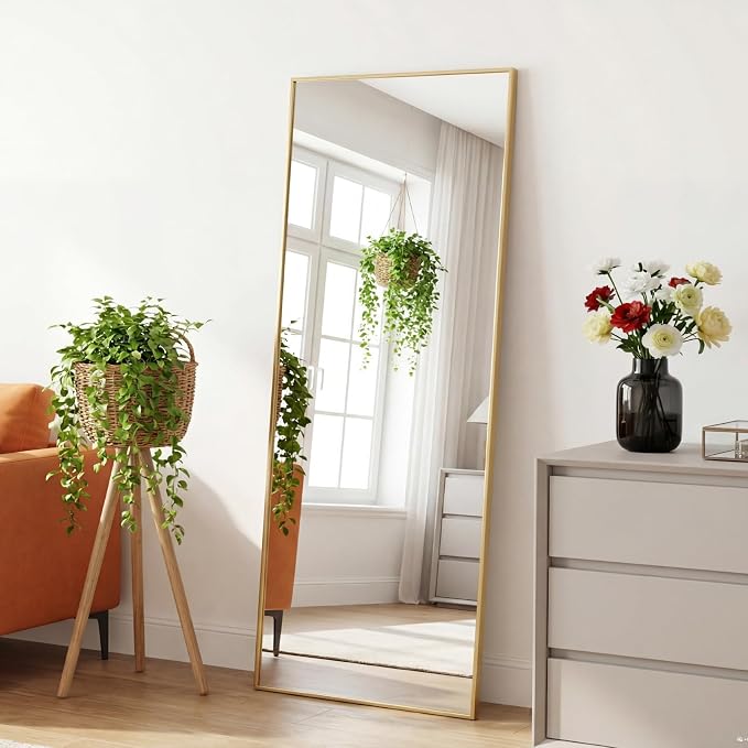 DUMOS Full Length Mirror 21"x 56" for Bedroom, Full Body Mirror with Stand, Hanging or Leaning for Wall, Aluminum Alloy Thin Frame Floor Standing for Living Room, Long, Gold