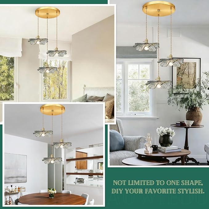Gold Brass Chandelier 3-Light Retro Hanging Pendant Light Fixtures Dark Green Glass Shade Mid Century Modern Chandelier for Dining Room Farmhouse Living Room