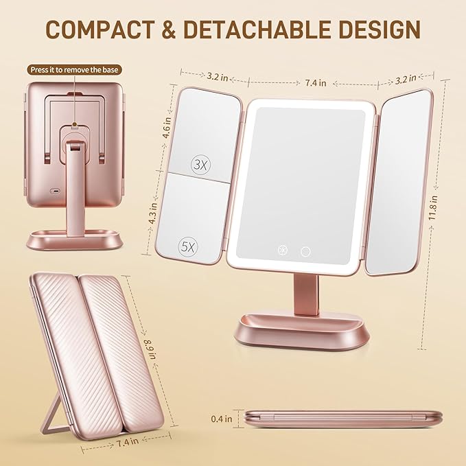 FRANO Lighted Makeup Mirror with 1X/3X/5X Magnification, Elegant Rose Gold Trifold Vanity Mirror, Smart Touch & Sensor, 3 Lighting Modes, Rechargeable Portable Mirror for Gift - Rose Gold