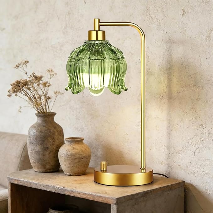 ILLMTW Glass Table Lamp Set of 2,Small Gold Bedside Lamps Dimmable Boho Bedroom Lamp with Tulip Flower Green Lamp Shade,Vintage Mid Century Modern Mini Nightstand Lamp for Bedroom Living Room