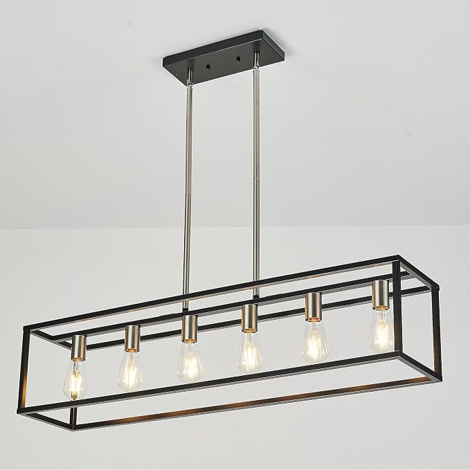 Rectangle Chandeliers Kitchen Light Fixtures Farmhouse Dining Room Light for Dining Rooms,Black&Brushed Brass Light Fixture Matte 6-Light Industrial Pendant Lighting